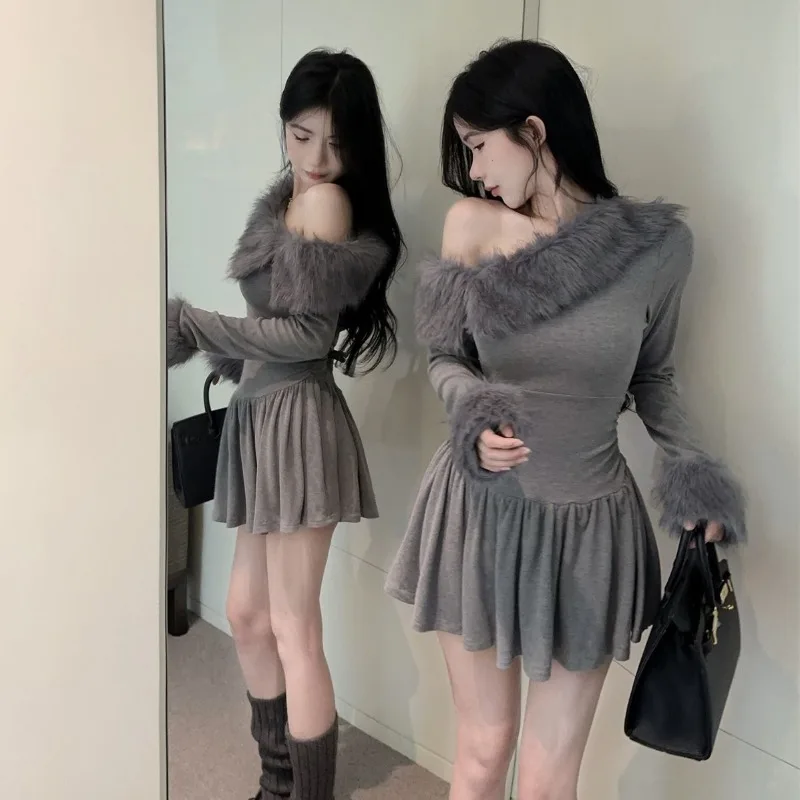 Maillard's Fur Collar Off-the-shoulder Dress Women in Autumn Winter Pure and Sexy One-shoulder Pleated Skirt with Cinched Waist