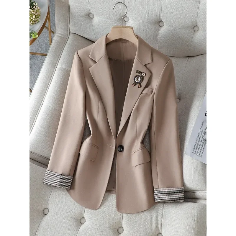 Blazer hitam coklat wanita, mantel kasual Khaki musim semi musim gugur lengan panjang kancing tunggal polos