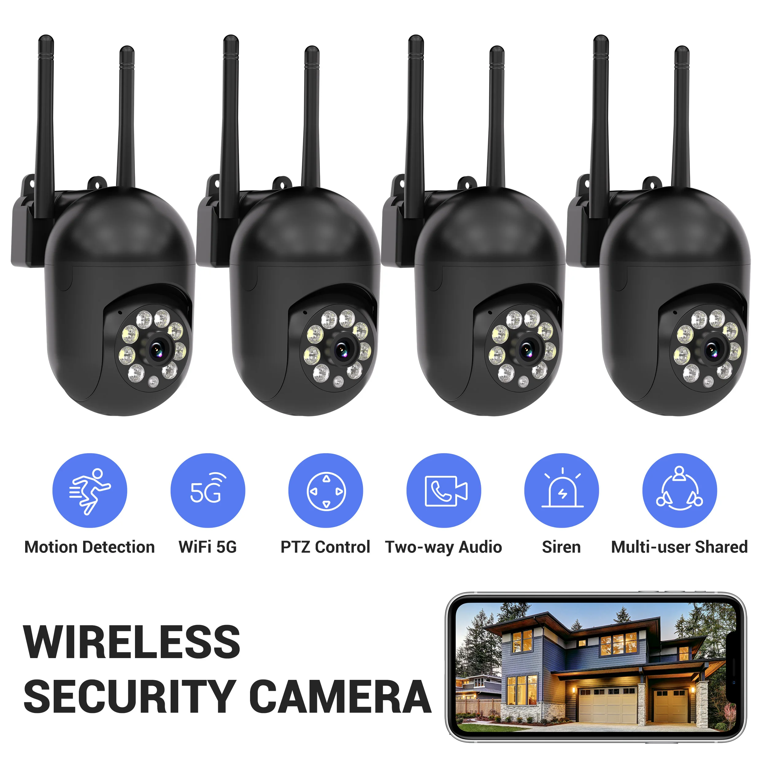 4PCS Wireless 1080P HD Black Security Camera Ease Life APP, In/Outdoor Use, Color Night Vision, 2-Way Audio  360° Pan/Tilt/Zoom