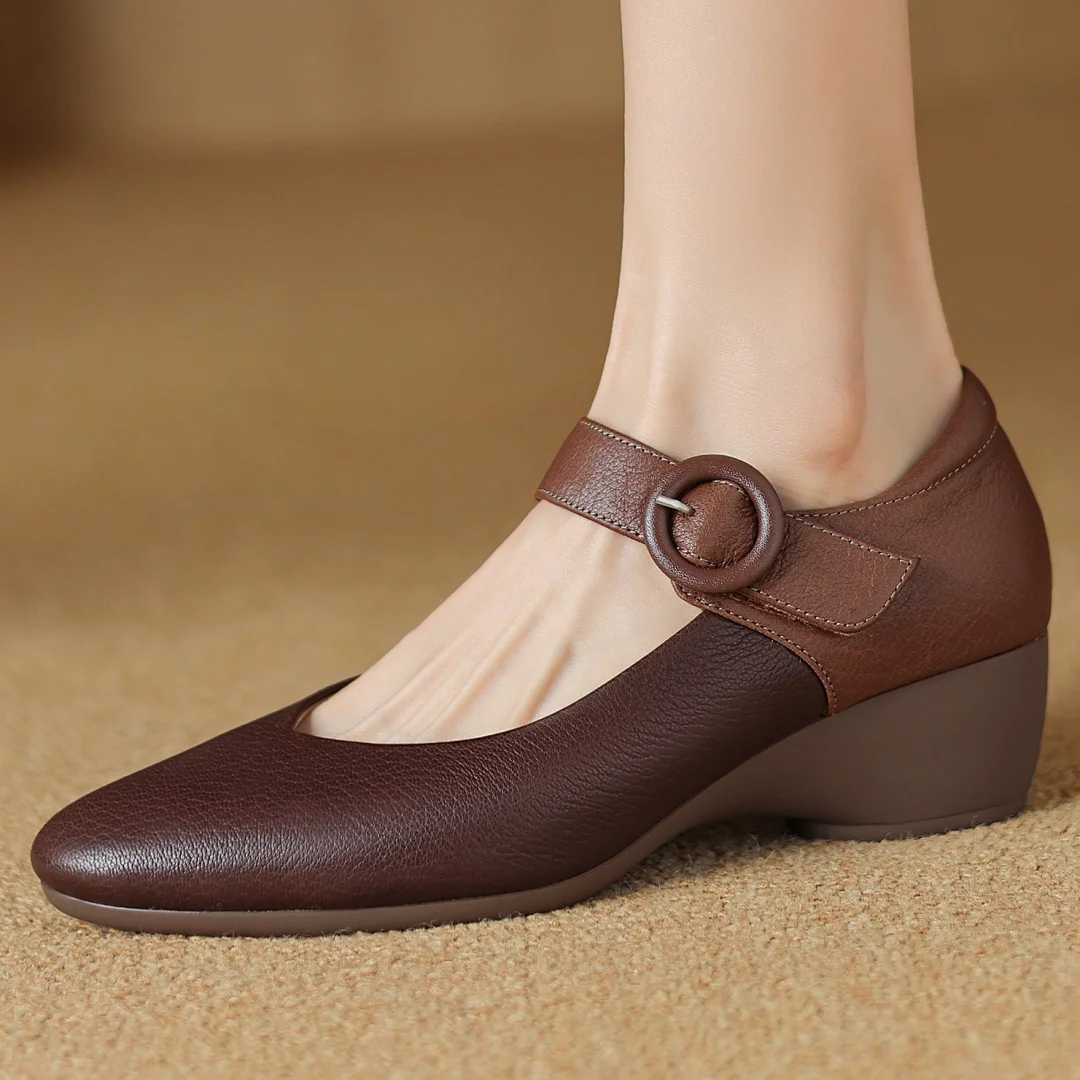 

Women's sheepskin ankle strap wedge round toe Mary Jane pumps high quality soft comfortable female daily dress low heel shoes