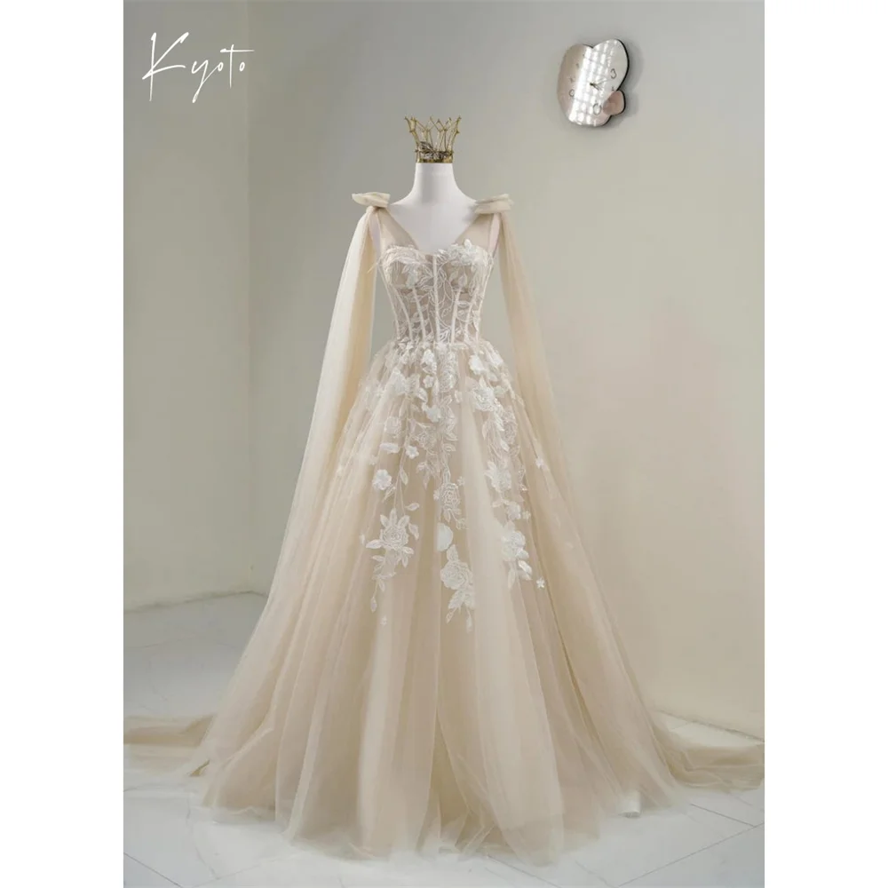 

Kyoto индивидуальное свадебное платье цвета шампанского с блестками и бантом, корсет с v-образным вырезом, трапециевидной формы فستان زفاف, халат со шлейфом