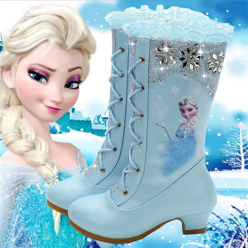 Disney Fashion Pink Girl Shoes Long Boots Disney Children Kids Warm Velvet Boots Shoes Princess Elsa High Heel Boot 26-37