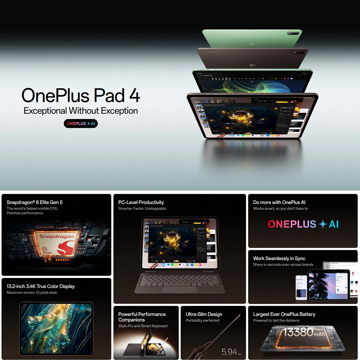 Global version Tablet OnePlus Pad 4 mini pc Snapdragon 8 Elite Gen 5 13380mAh Battery 3.4K True Color Display Includes an 80W OnePlus original charger