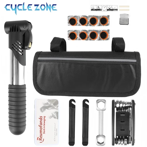 Imagen 1 del producto Kits de bolsa de herramientas de reparación de bicicletas, herramienta multifuncional para exteriores, bomba de bicicleta, juego de parches para neumáticos, llave hexagonal, parche para neumáticos de ciclismo