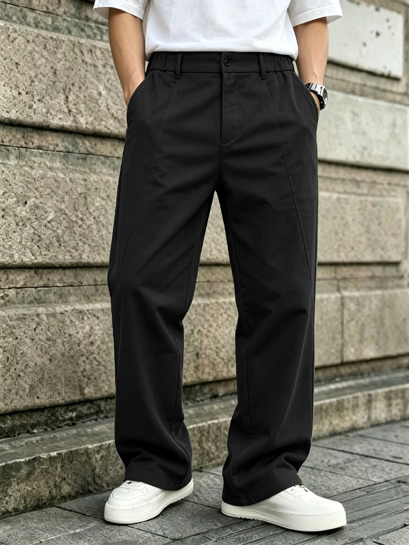 Image of Herrenhose im lockeren, geraden Schnitt, japanischer, entspannter Stil, 3D-Schnitt & halb-elastischer Bund, natürlicher Fall zur Figurverschönerung, Ve
