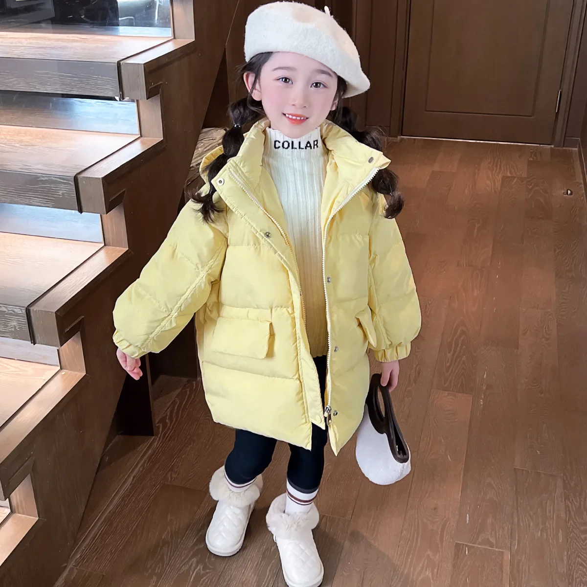 2024 Girls Winter Cotton Jacket Thickening Keep Warm Korean Baby Little Girl\'s Down and Cotton Jacket Solid Color Bread Parkas