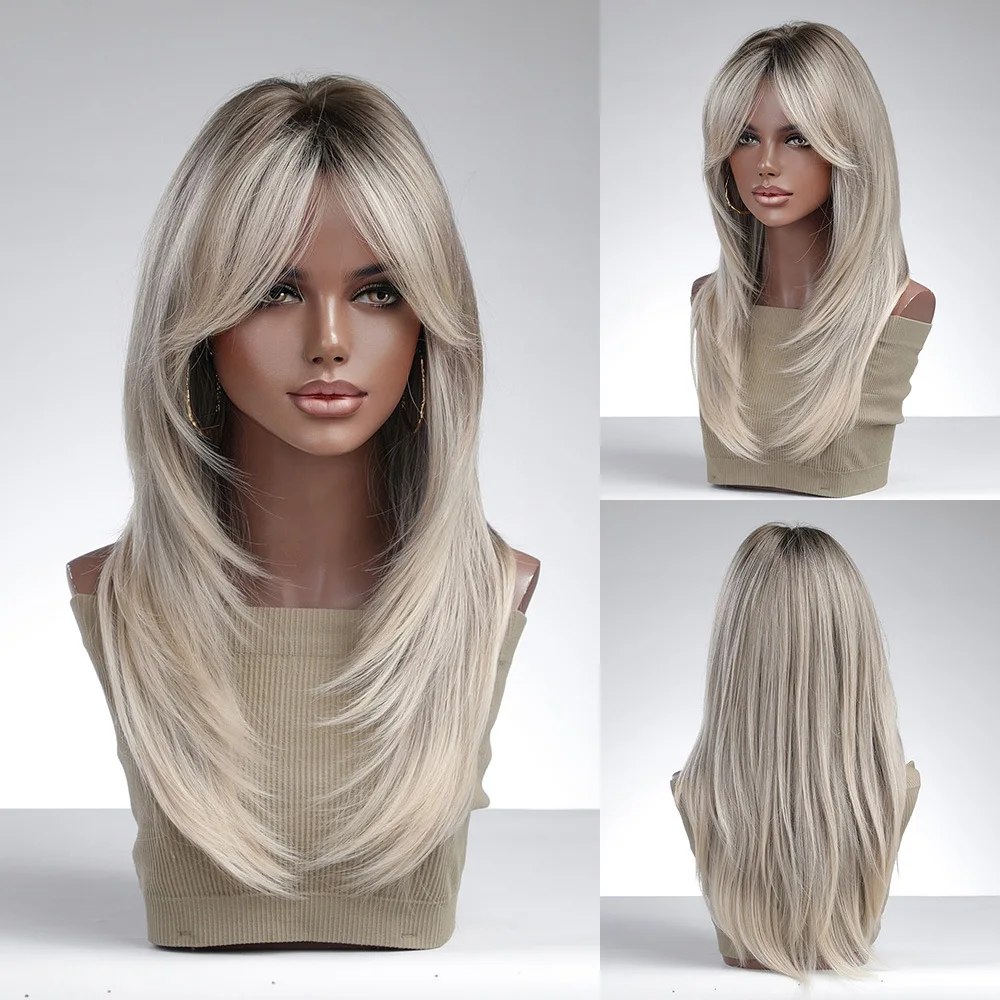 

Popular wig headgear, eight-character bangs gradually change silver gray European and American black wig headgear