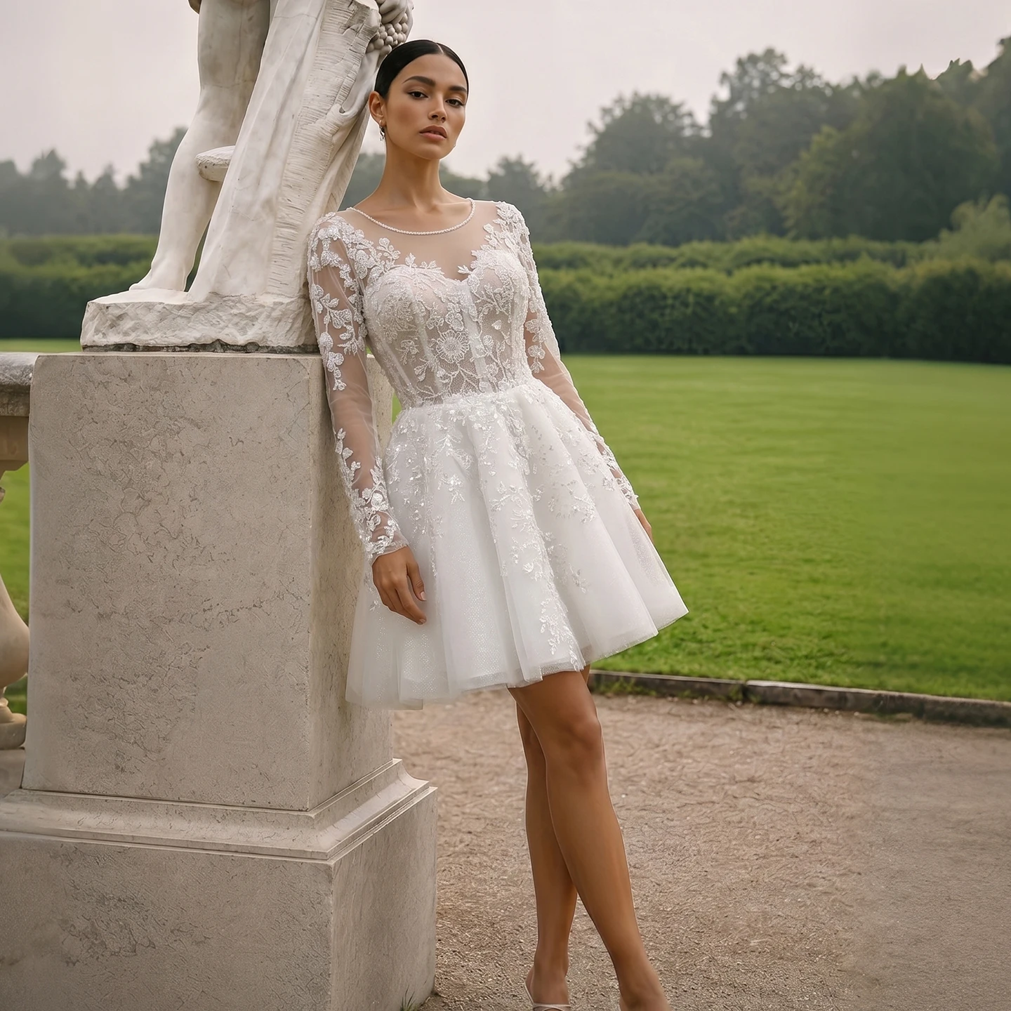 

Sharon Said Luxury Lace Long Sleeve Short Wedding Dress Sequined Beaded Mini Bridal Gowns SW721 Customized