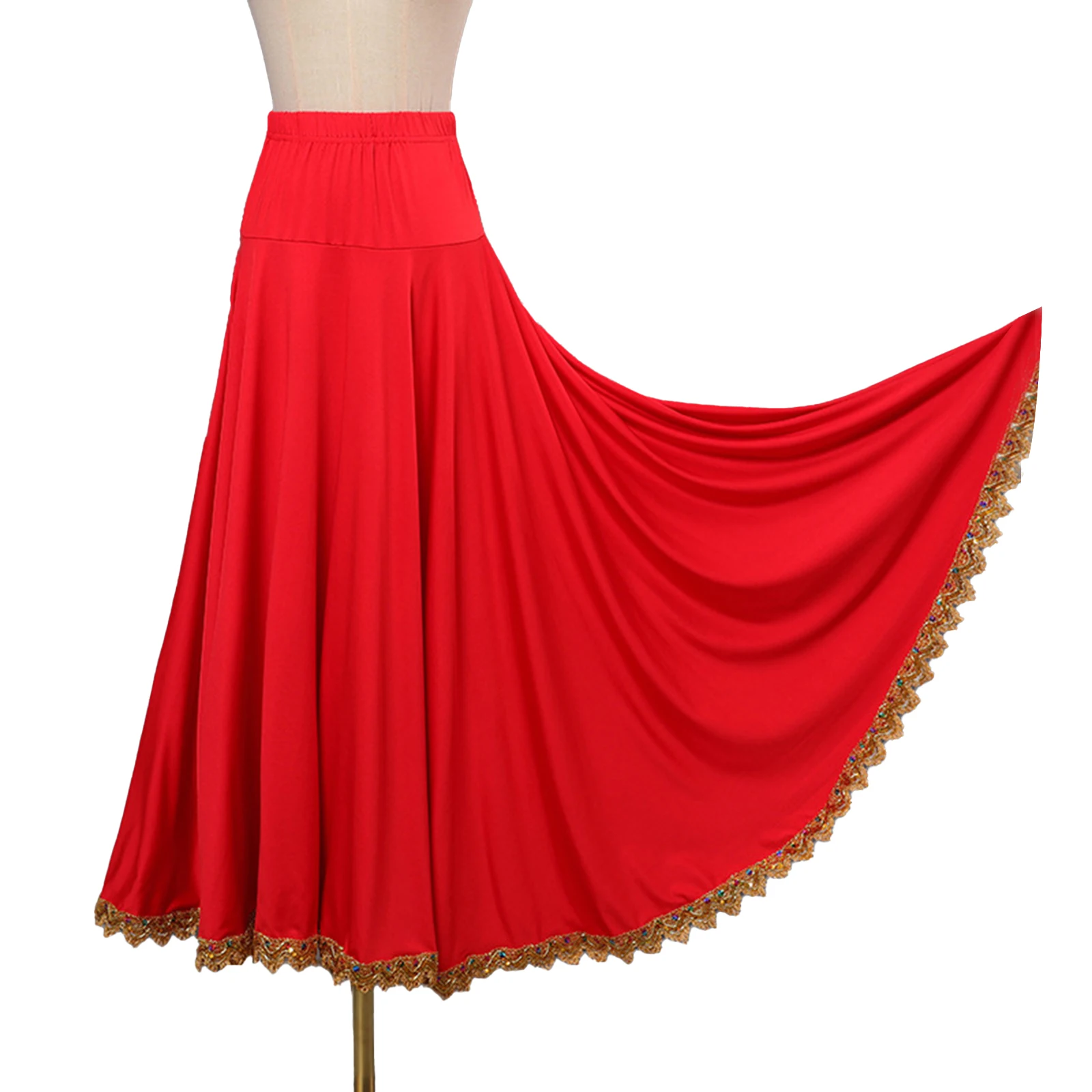 Womens Adult Flamenco Long Skirt Performance Costumes Elastic Waistband Gold Trim Big Swing Skirt Ballroom Ethnic Dance Skirts