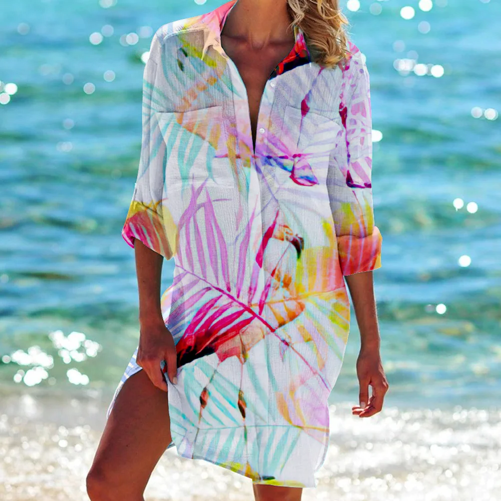 Zomer Nieuwe 20243d Flamingo Print Shirt Jurk Dier Strand Sexy Shirt Shirt Dames Lange Mouwen Maxi Jurk Tank Top