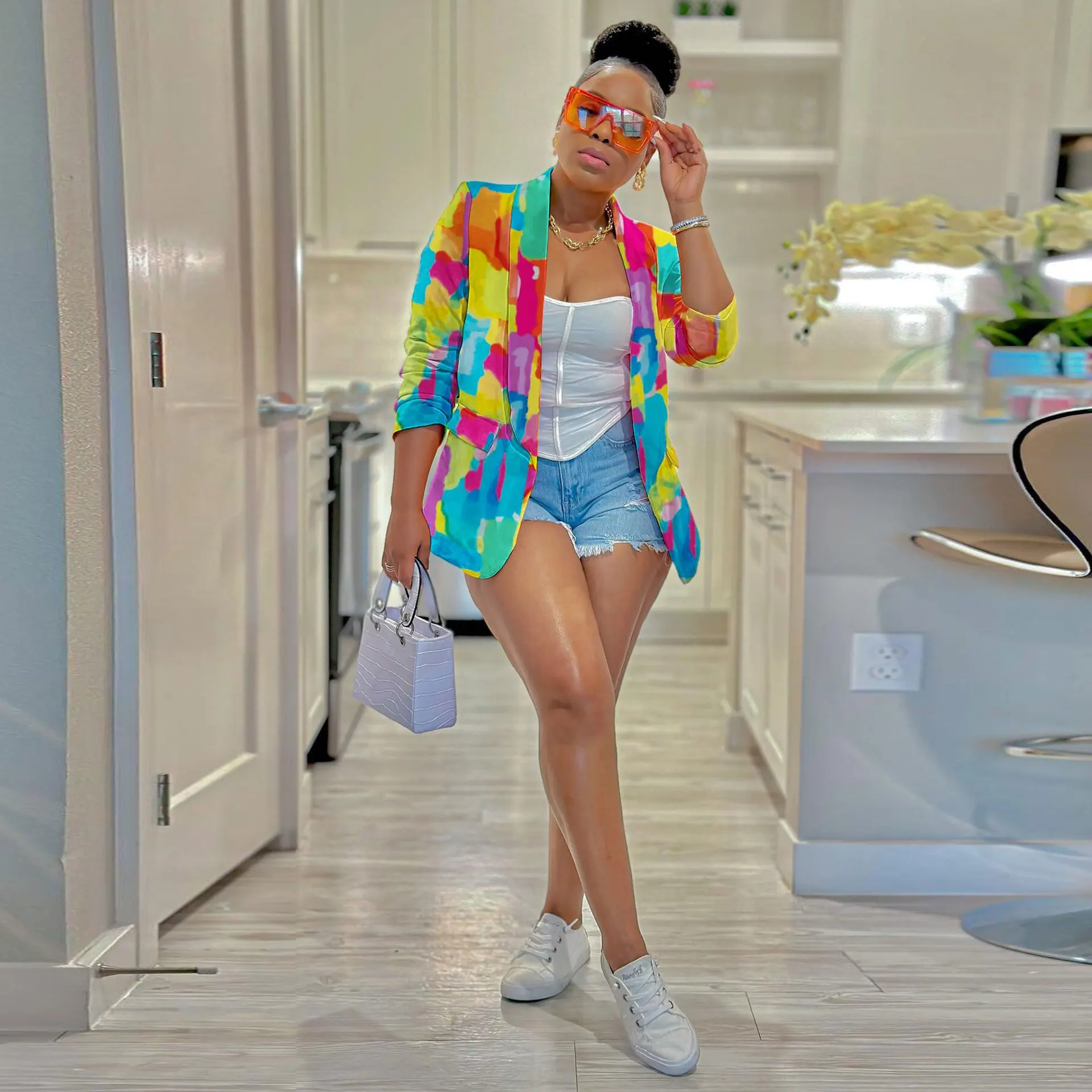 

Trendy Women's Thin Blazer Long Sleeve Fashion Printed Cardigan Street Tops Colorful High Street Coat for Female