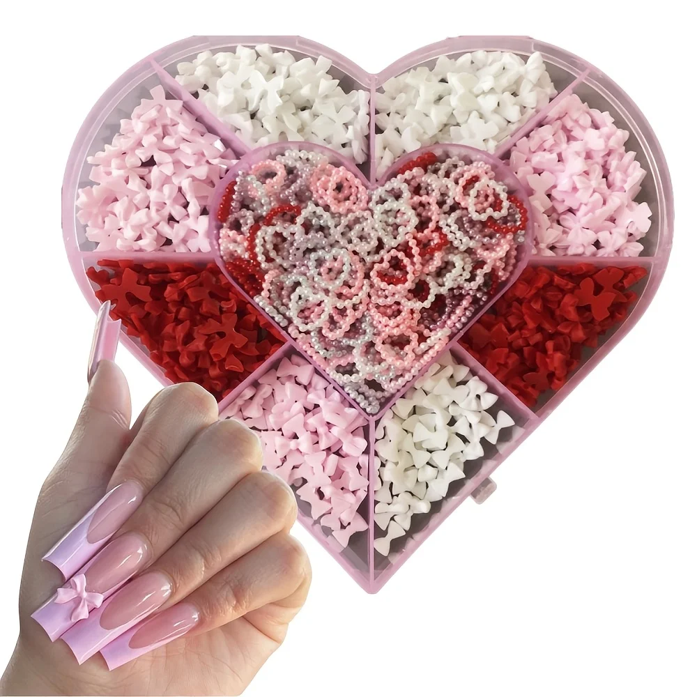 

600Pcs Kawaii Bow Nail Art Decoration Charms Box Kit 3D French Acrylic Princess Pink White Red Bowknot Hollow Heart Ornament