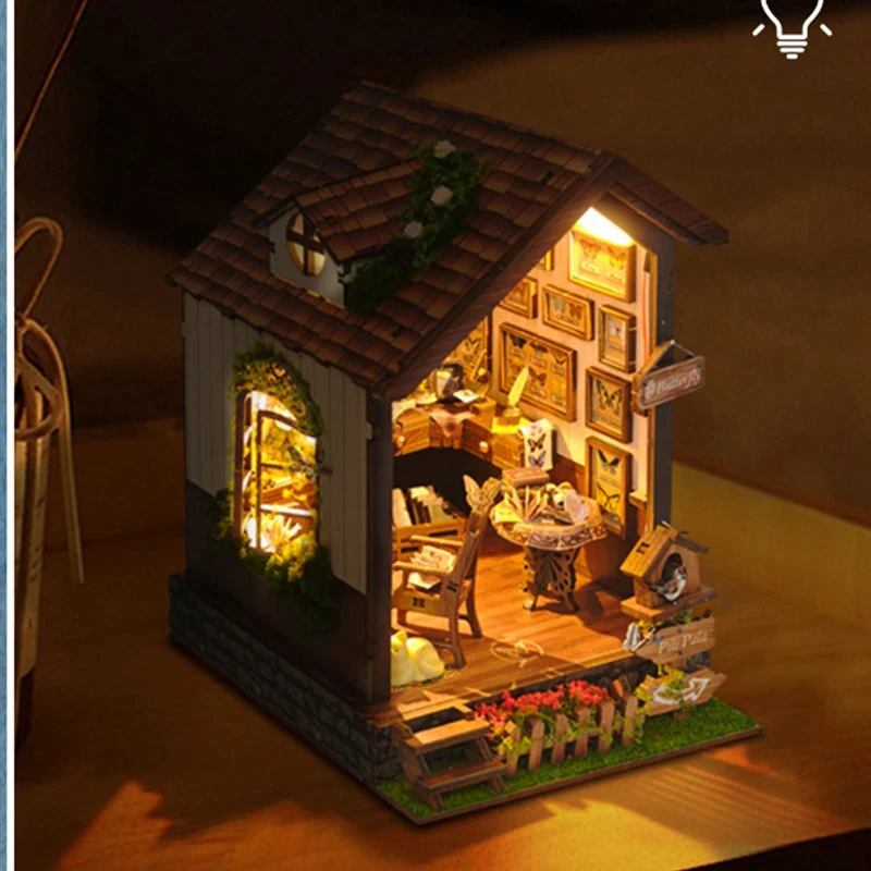 

OUZEY Wooden Miniature Book Nook Shelf Kit with Lights Butterfly House Bookend Model DIY for Home Decor Friends Gifts