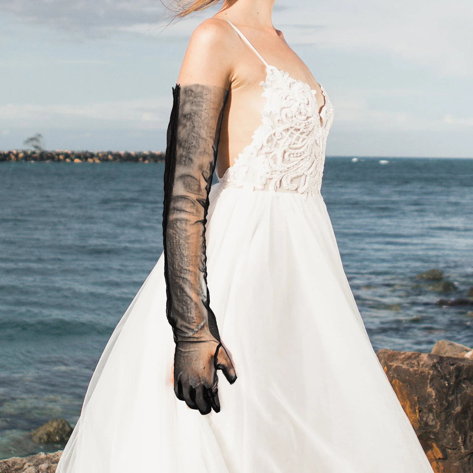 

Sheer Tulle Long Women Formal Black Mesh Wedding Bride Dress Opera Lace Bridal Wedding Tulle Gloves Mesh Gloves