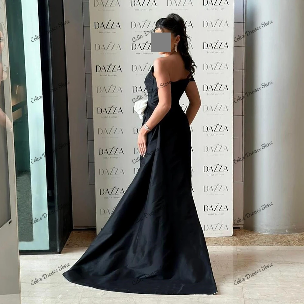 Classic Black Satin Evening Dress Formal Floor Length Side Slit Off the Shoulder Prom Gowns with Flowers Backless Custom Made