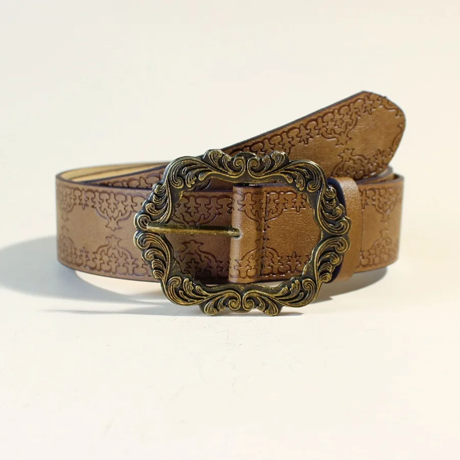 Vintage Embossed Hot Girl Brown Belt, Bohemian Women's Waist Belt for Dresses