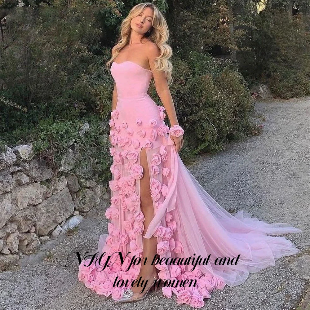 

NFYN Pink Mermaid Sweetheart Wedding Party Dress 3D Flowers Net Ball Gown Women's Evening Dress with High Side Split Customized