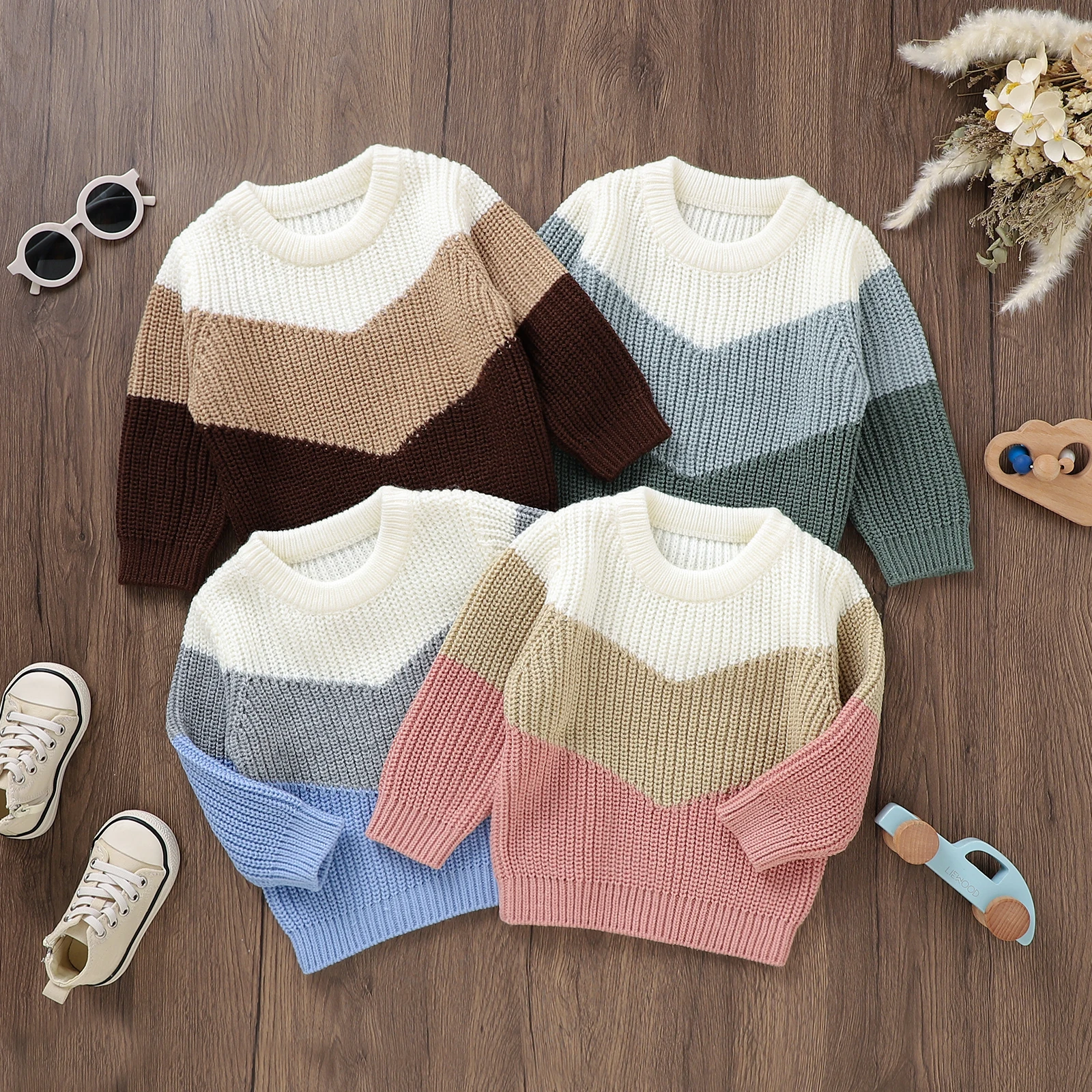 FOCUSNORM 0-3Y Autumn Winter Baby Boys Girls Sweater Outwear Color Patchwork Long Sleeve Pullover Knitwear Tops