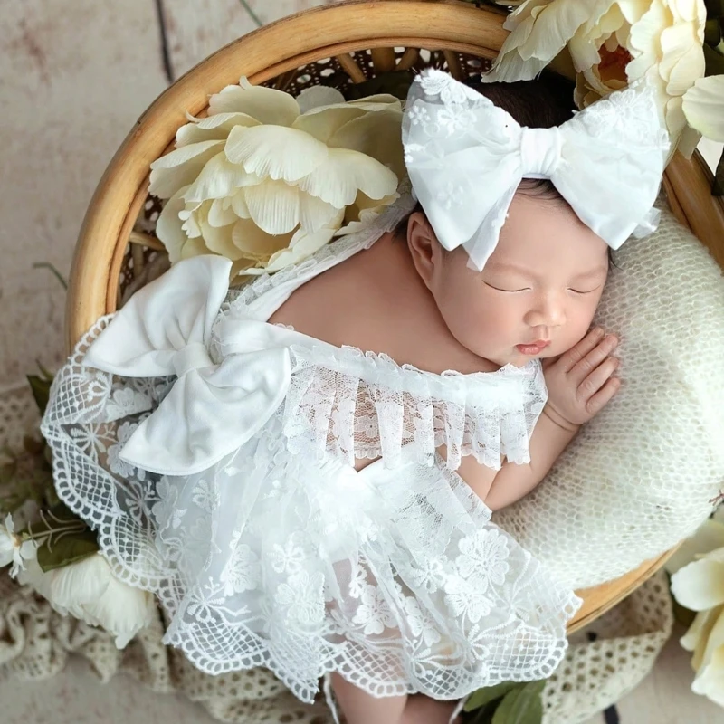 Infant Photoshoots Lace Outfit with Bowknot Decor Fashionable Photography Dress & Decorative Headband for Newborns Girl