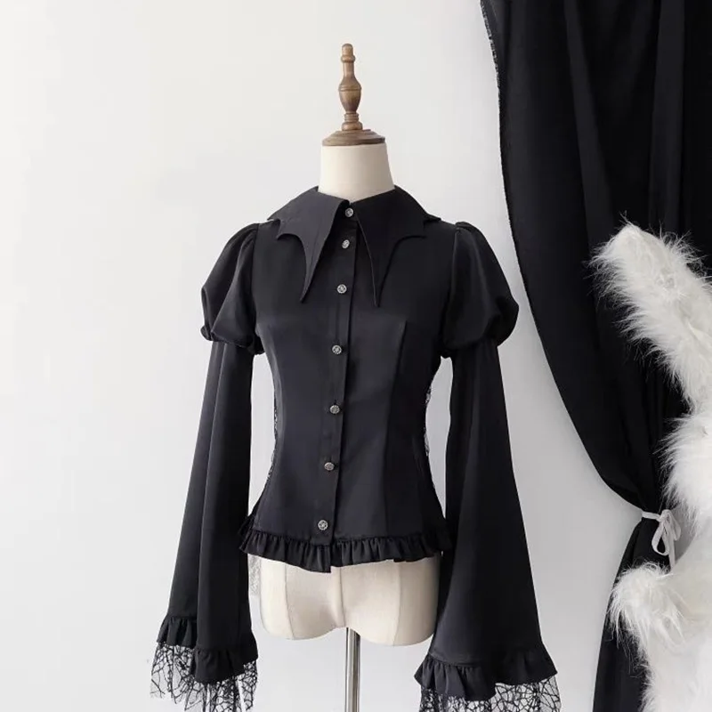 Damenbekleidung Hemd Laterne Lange Ärmel Einfarbig Lässiges Design Mode Vintage Lolita Stil Gothic Slim Bluse Y2k Tops