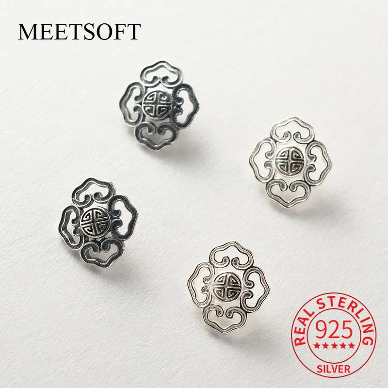 MEETSOFT 925 Silver Hollow Diamond Button DIY Handstring Retro Pattern Handmade Rope Material Accessories