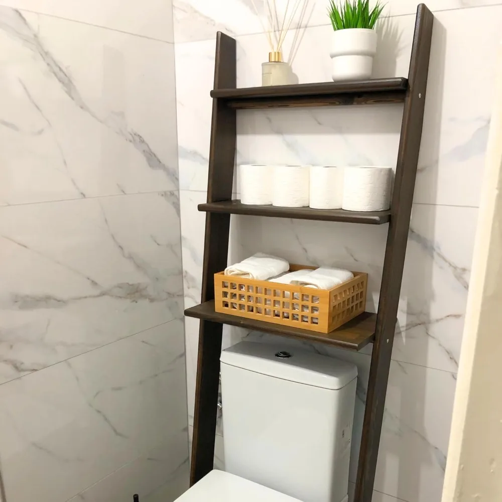 Over The Toilet Birch Wood Bathroom Organizer Shelves, 3-Tier Freestanding Above Toilet Storage Ladder Shelf