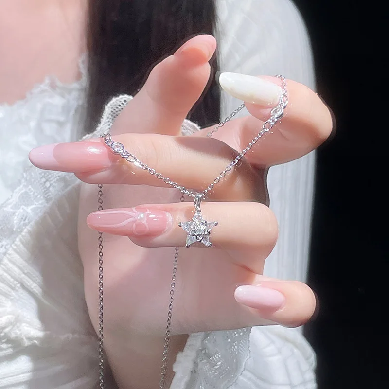 Original Design 925 Sterling Silber Symmetrie Zirkon fünfzackigen Stern Anhänger Halskette für Frauen Schlüsselbein Kette Schmuck Geschenke