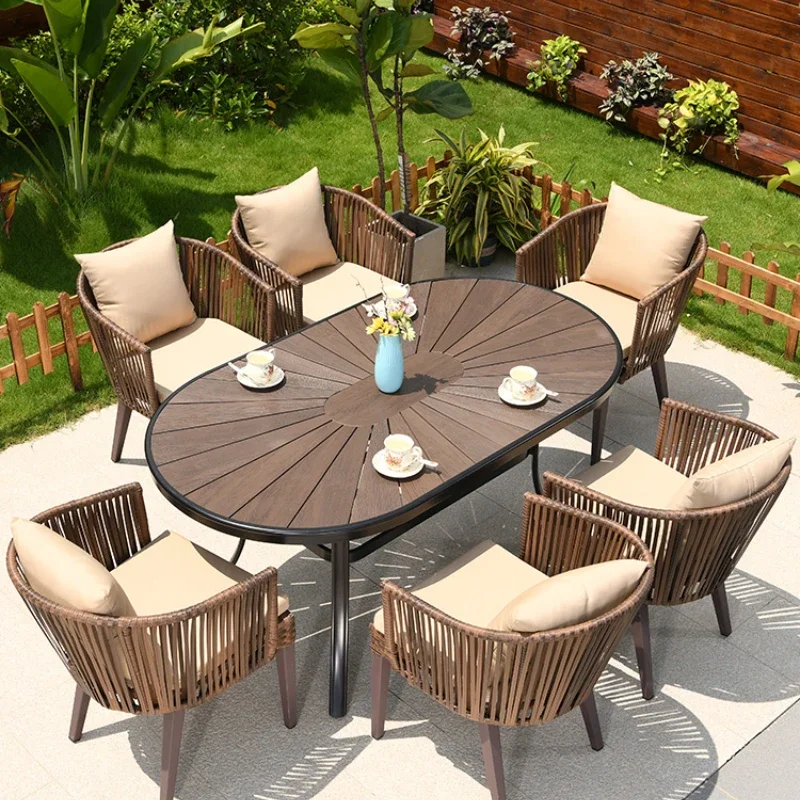 

Table and chair combination outdoor garden courtyard villa plastic wood leisure back chair terrace balcony rattan chair