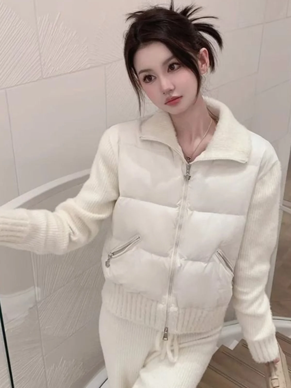 

Розовая хлопковая куртка с воротником-стойкой, женская вязаная легкая зимняя верхняя одежда малого размера, с комбинированным дизайном, в корейском стиле