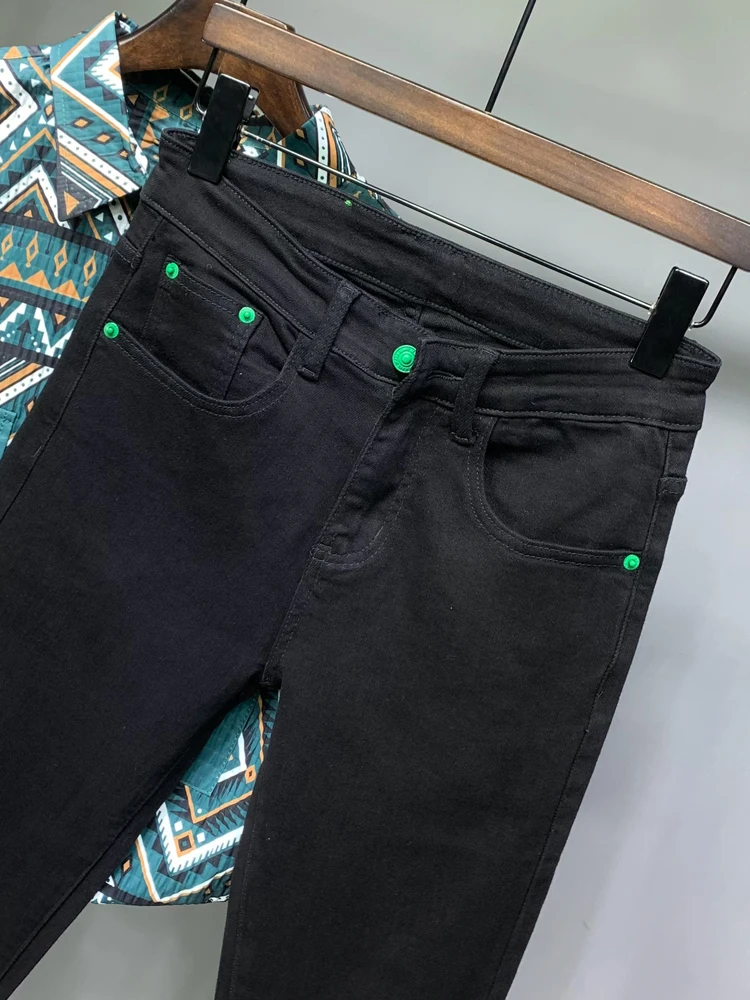 

Pure Bla Men's 9-Twen-Four Spring New Sle Elastic American Embroidery Slim Fit Jeans Casual Wear Youth Trend Cotton Str...
