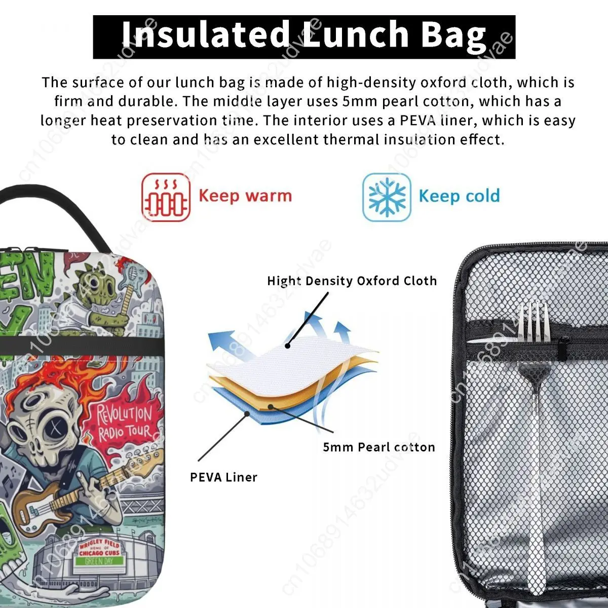 Green Day Rock Band Tour Insulated Lunch Bag Travel Tote Leakproof Food Box Thermal Cooler Bento Box