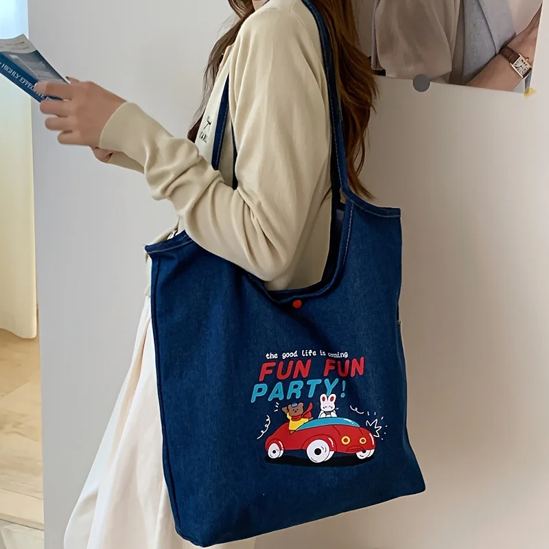 

Cute cartoon printed denim shoulder bag, large capacity vest bag, autumn new college student class bag