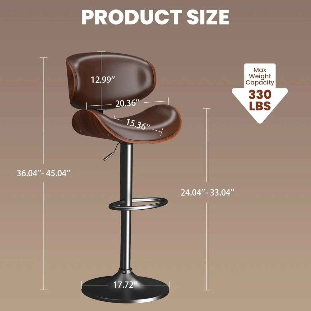 مقاعد بار دوارة حديثة مع مسند ظهر، وكراسي ذات ارتفاع مضاد للمطبخ وغرفة الطعام، وخيار جلوس منجد من الجلد البني #3