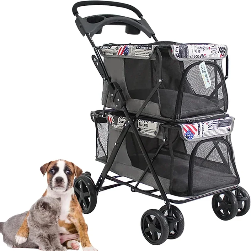 Double Pet Stroller for Small/medium 2 Dogs/Cats Large Capacity Folding Dog Trolley with Mesh Window Cup Holder Storage Brake