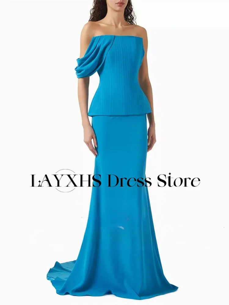 LAYXHS – robe de soirée sirène bleu lac, Simple, asymétrique épaule dénudée, dos nu, fermeture éclair, longueur au sol, robes de bal personnalisées
