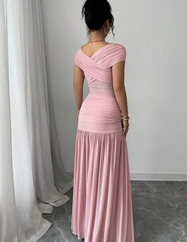 Customized High Quality Floor Length Strapless Wrinkle Off Shoulder A-line Pink Women Dress Evening Gown Prom Dresses  فساتين