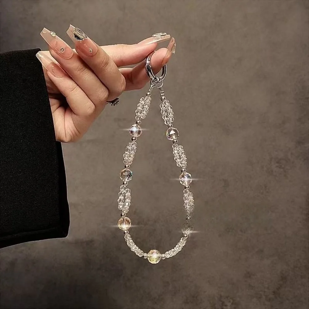 

[Lw] Luxury Premium White Crystal Beaded Portable Chain Wrist Short Lanyard Mobile Phone Case Car Keychain Bag Pendant