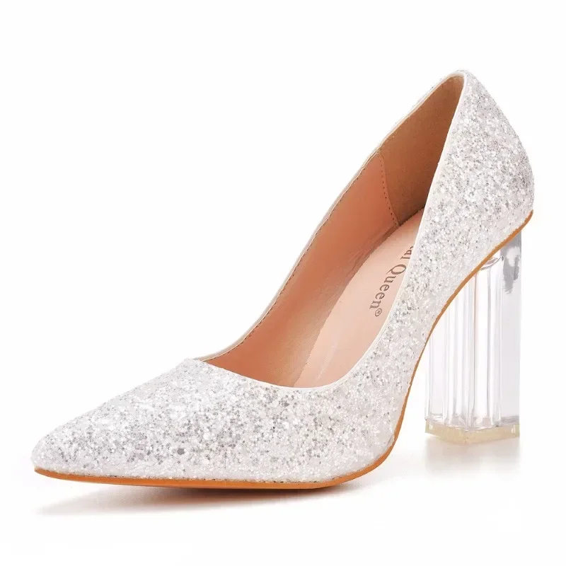 New Luxury Pumps Women Pointed Toe Bling Slip-On Sequined Cloth 9.5CM Square Heel Party Dress Korean Style Women Shoes White