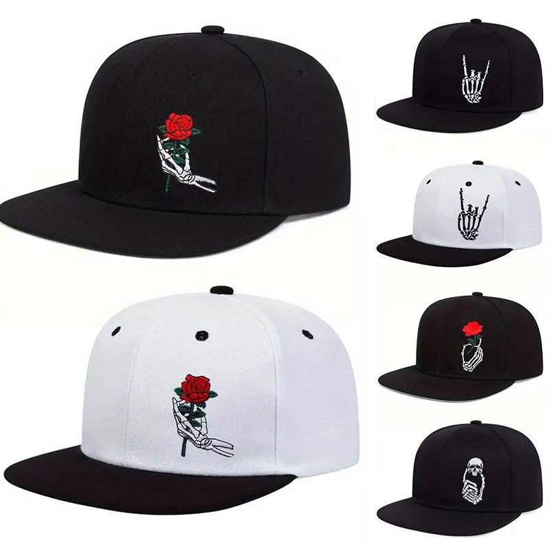 Unisex Skeleton Finger Rose Embroidery Hip-hop Hats Outdoor Adjustable Casual Baseball Caps Sunscreen Hat