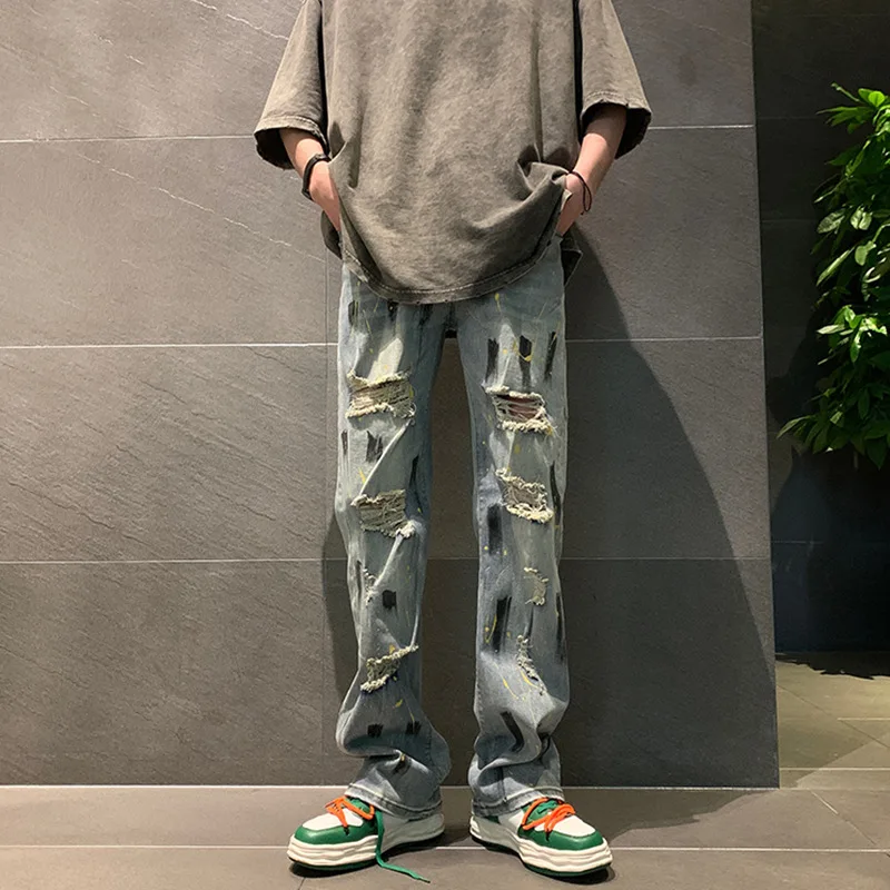 

High Street Vibe Splash Ink Graffiti Jeans Y2k Harajuku Fashion Casual Tide Straight Leg Jeans Men Fall Thin Beggar Ripped Pants