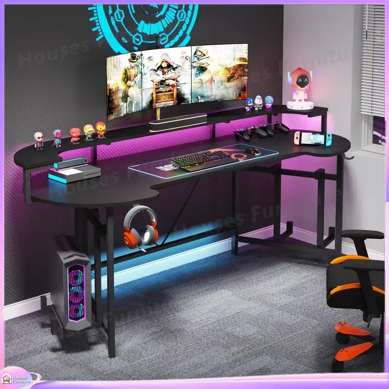 Modern LED Computer Desk for Gaming and Office Workstation Ergonomic Adjustable Height Sit Stand Desk with Cable Management