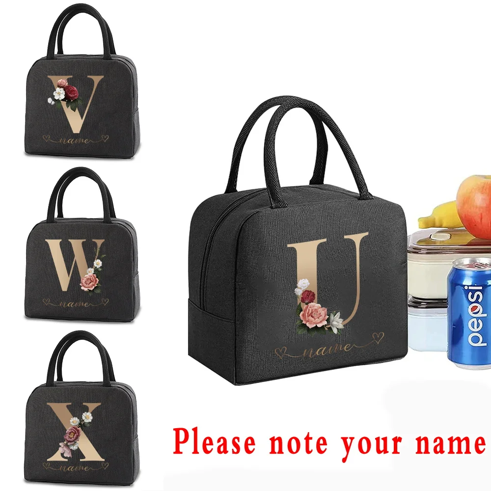 Portable Lunch Box Insulated Canvas Lunch Bag Customized Name Gold Letter Handbag Thermal Picnic Food Bags for Women Kids