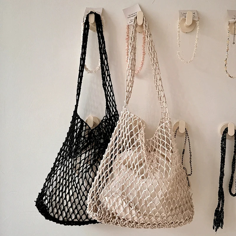 

Hylhexyr Women Cotton Rope Shoulder Bag Summer Fashion Crochet Mesh Casual Tote Travel Hollow Out Beach Shopping Bags
