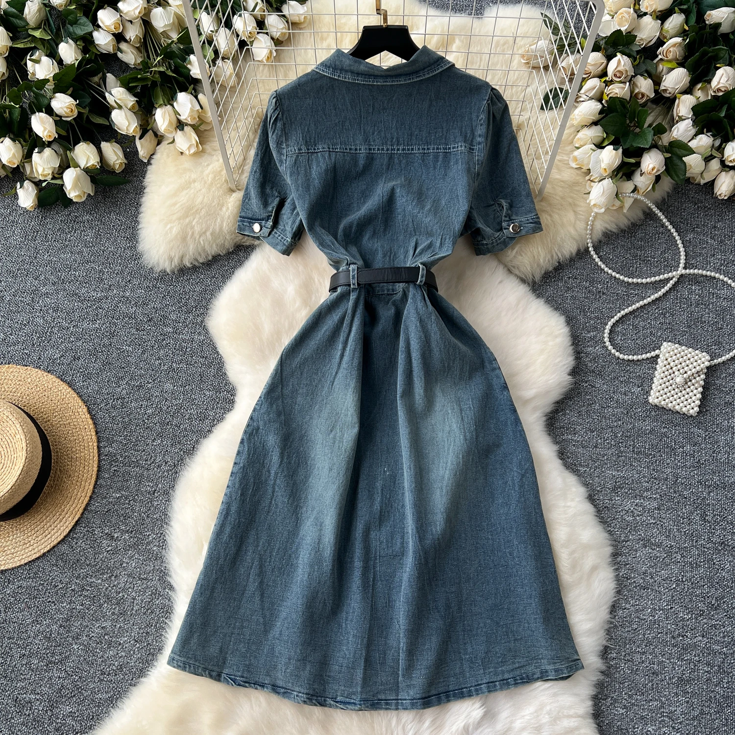 Short Sleeved Denim Dress For Women's Summer 2024 New Vintage Polo Collar Single Breasted Waist A-line Long Dress