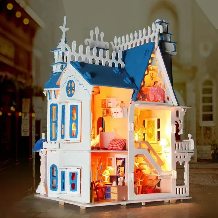 

[ Funny ] Sunshine Alice Dream Villa castle light DIY Wooden Miniatura Doll House Furniture Handmade 3D Building blocks girl toy