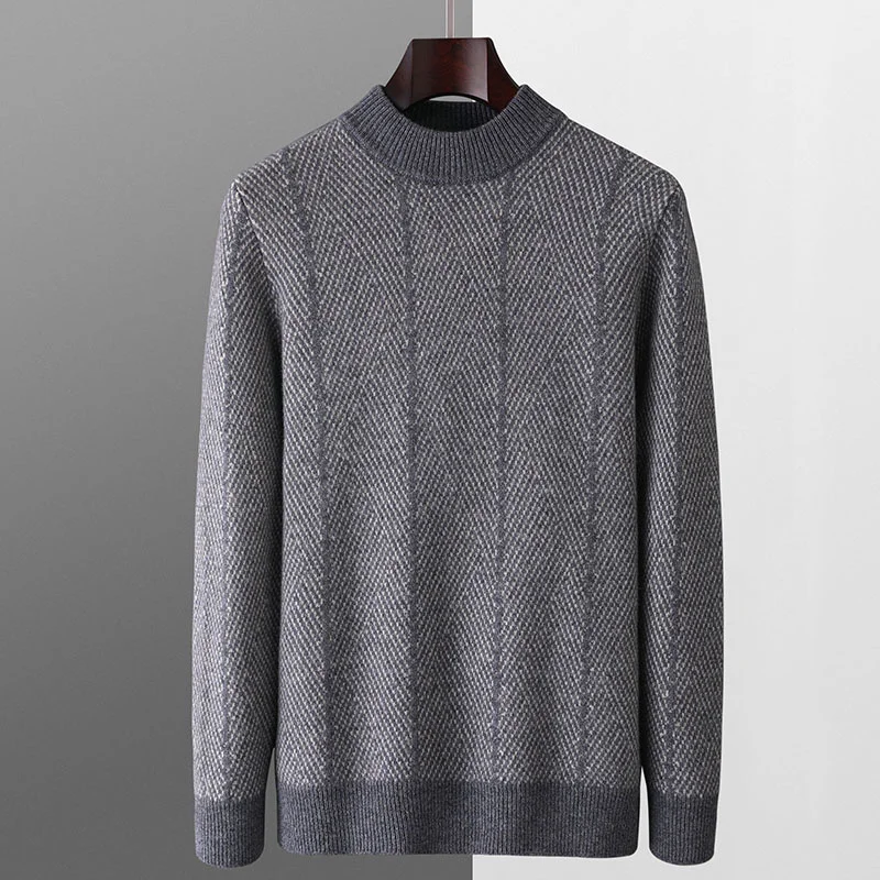 High end men's wool sweater with half height round neck and full body jacquard business casual pullover sweater, seven needle th