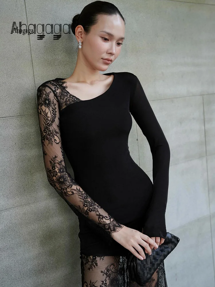 Ahagaga sexy vestidos femininos rendas retalhos mangas compridas sheer fino ajuste bodycon tendência básica eelgant feminino vestidos robes clube