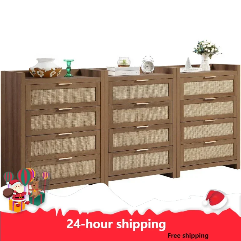 Dresser For Bedroom Chest Of Drawers Tall Dresser With 4 Rattan Drawers Wood Dresser For Closet Boho Clothes Storage Tower