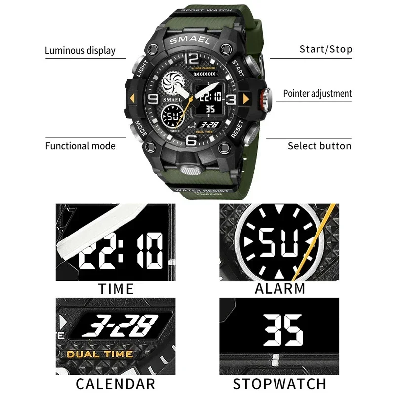 SMAEL Sport Chronograph Stopwatch Wrist Watches for Men Dual Display Waterproof Multi-Functional Digital Quartz Wristwatch Male