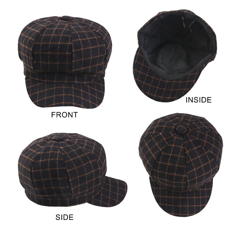 Neue britische Vintage-Newsboy-Mütze mit breiter Krempe, karierte achteckige Baskenmütze, Damen-Malerkappe, elegante Retro-Mütze für den Außenbereich – Detail 3